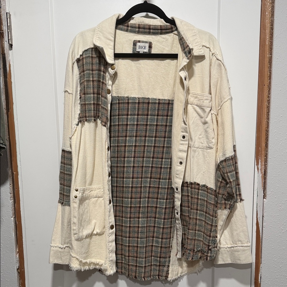 BKE Cream and Brown Plaid Patchwork Shirt